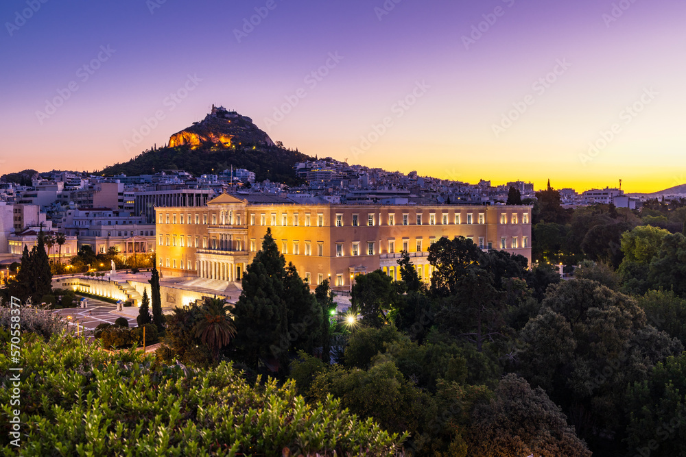Cityscape of Athens with the Greek parliament during sunset in Greece