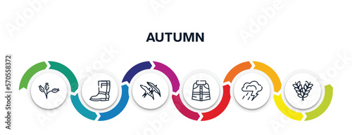 autumn outline icons with infographic template. thin line icons such as rosa canina, rain boots, bird migration, cloak, storm, rye vector.