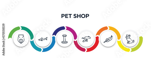 pet shop outline icons with infographic template. thin line icons such as capybara head, big shark, scratching platform, dog poo, feathers, cone of shame vector.