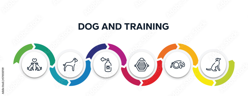 dog and training outline icons with infographic template. thin line icons such as couple of dogs, great dane, spray, cat box, extending leads, dog seatting vector.