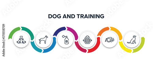 dog and training outline icons with infographic template. thin line icons such as couple of dogs, great dane, spray, cat box, extending leads, dog seatting vector.