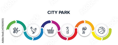city park outline icons with infographic template. thin line icons such as wheelbarrow, hen, food basket, oxygen tank, hunter, basketball ball vector.