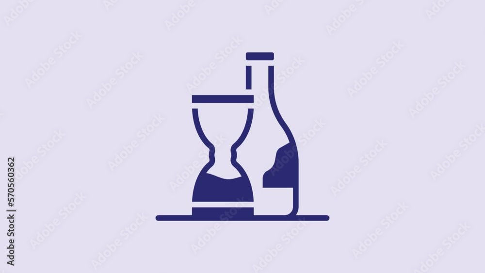Blue Bottle of wine icon isolated on purple background. Wine aging. 4K Video motion graphic animation