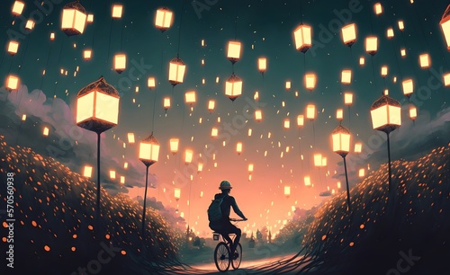 Man on bicycle in a land full of lanterns, digital art style, illustration painting