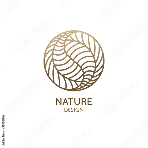 Tropical plant logo. Round emblem leafs in linear style. Icon of fresh green tea. Vector abstract badge for design of natural products, flower shop, cosmetics, ecology concepts, health, spa Center.