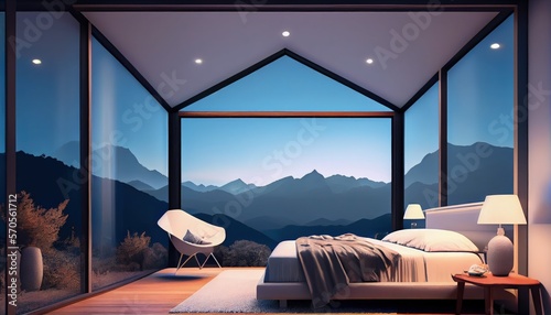 night scene glass house bedroom with a mountain view. Glass wall, armchair, lamps, large bed. 3d render. Generative AI.