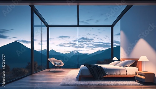 night scene glass house bedroom with a mountain view. White wall, armchair, lamps, large bed. 3d render. Generative AI. photo
