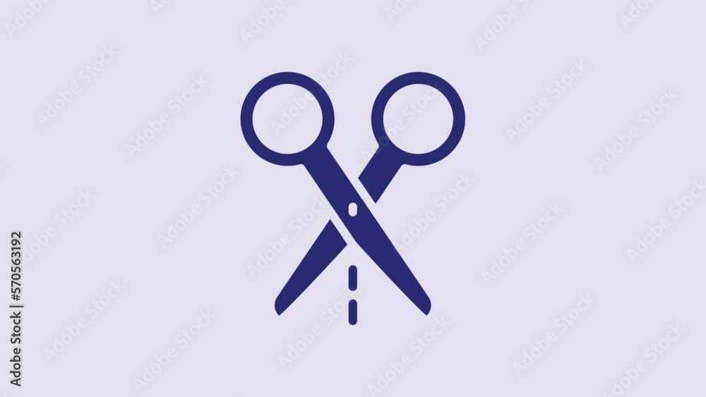 Blue Scissors with cut line icon isolated on purple background. Tailor symbol. Cutting tool sign. 4K Video motion graphic animation Blue Scissors with cut line icon isolated on purple background. Tailor symbol. Cutting tool sign. 4K Video motion graphic animation