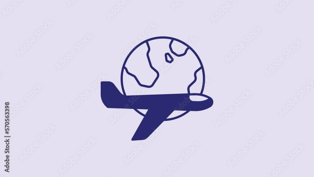 Blue Globe with flying plane icon isolated on purple background. Airplane fly around the planet earth. Aircraft world icon. 4K Video motion graphic animation Blue Globe with flying plane icon isolated on purple background. Airplane fly around the planet earth. Aircraft world icon. 4K Video motion graphic animation