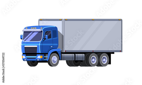 Classic box truck with cab over engine. Front side view clipart drawing in flat color. Isolated truck vector illustration. Cube vehicle.