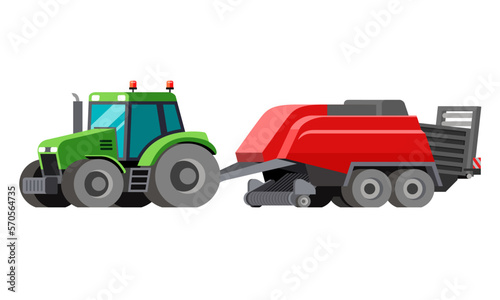 Farm hay baler trailed by tractor to compress a cut and raked crop into compact square bales. Colorful vector clip art on white background