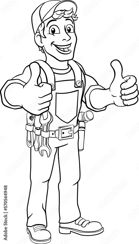 A handyman cartoon character caretaker construction man giving a thumbs up