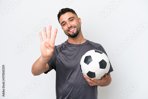 Arab young football player man isolated on white background happy and counting four with fingers