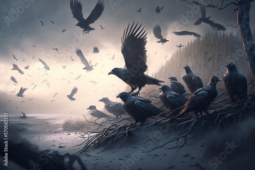 Illustration of the Ravens in the mysty scenary - AI generative © Giordano Aita