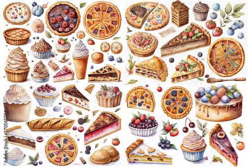 Fotografia Watercolor illustration of a baked goods collection on white background - AI gen