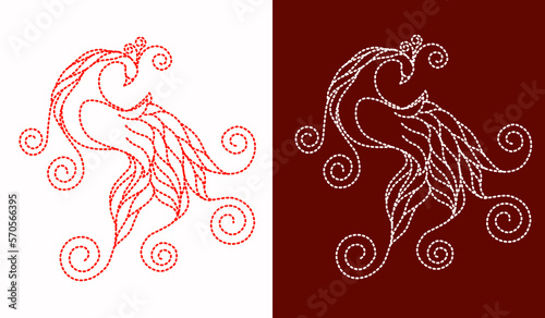 Set red and white firebird dotted line. Page of coloring book. Vector illustration isolated on white background.