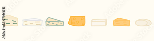 Hand drawn cheese collection. Dorblue, Feta, Mozzarella, Cheddar, Camembert set.