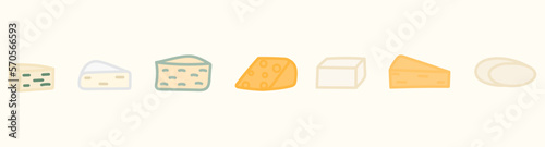 Hand drawn cheese collection. Dorblue, Feta, Mozzarella, Cheddar, Camembert set.