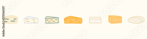 Hand drawn cheese collection. Dorblue, Feta, Mozzarella, Cheddar, Camembert set.
