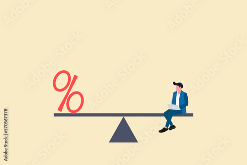 businessman sitting on a seesaw with a percentage symbol. concept off financial balance, optimization and Saving budget