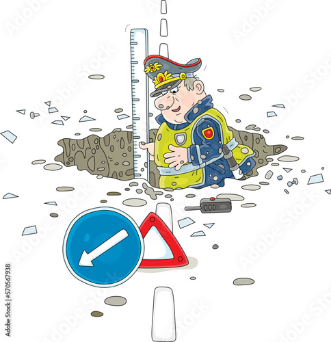 Funny puzzled traffic cop measuring a depth of a large and very deep pothole in a road, vector cartoon illustration isolated on a white background