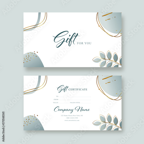 Gift voucher card template. Modern discount coupon or certificate layout with abstract golden art backgrounds and botanical palm leaves Vector illustration.