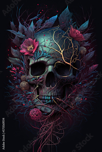 Detailed artwork of human skull with flowers and thorns. Generative AI