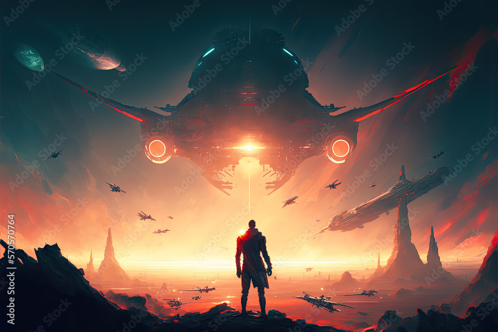 Science fiction artwork of an epic space ship landing on an