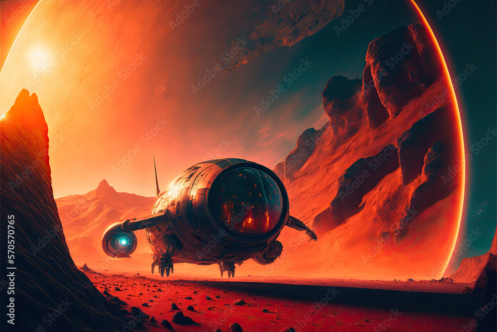 Science fiction artwork of an epic space ship landing on an extraterrestrial planet. Generative AI
