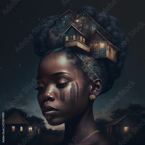 A beautiful black woman with a town on her head. Image generated by ai, Generative AI