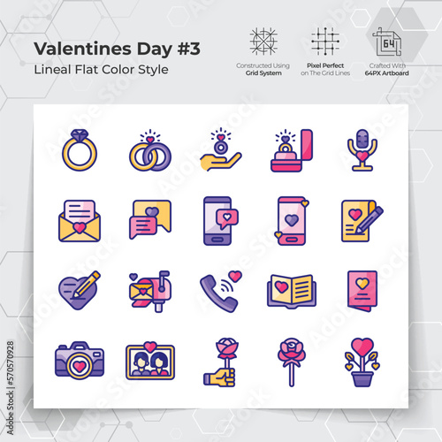 Valentine's day icons set in line flat color style with wedding gifts and chat themed
