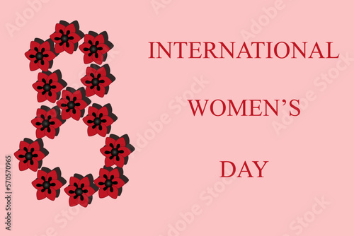 Groovy greeting card with number eight, poppy flowers in cut out paper style and copy space. Happy women's day concept in retro style. Creative website banner for international woman day. 