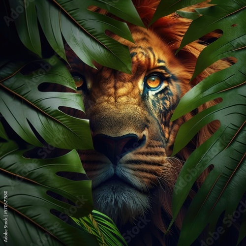 A lion gazing through a lush green forest with large leaves, a single lion head looking at the camera with a serious look photo