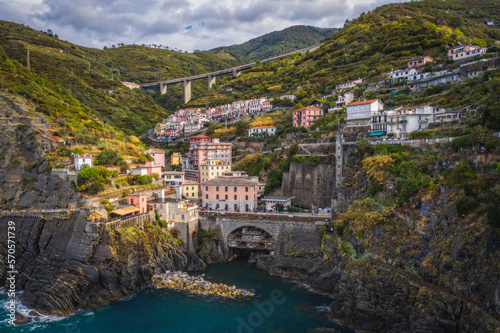 Riomaggiore  Italy - September 2022  The colorful fishing village of Riomaggiore  Italy  one of the five Cinque Terre Villages along the Ligurian Sea. Aerial drone shot