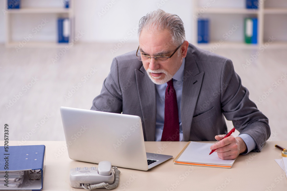 Old male employee working in the office Old male employee working in the office