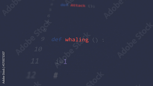 Cyber attack whaling vunerability in text ascii art style, code on editor screen.