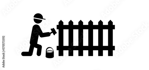 Cartoon fence balustrade and stickman, stick figure man with paint brush. Contractor or handy man paint the fencepost or fence post. fence maintenance. painting garden fence.