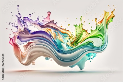 Abstract liquid motion flow explosion. Curved wave colorful pattern with paint drops.