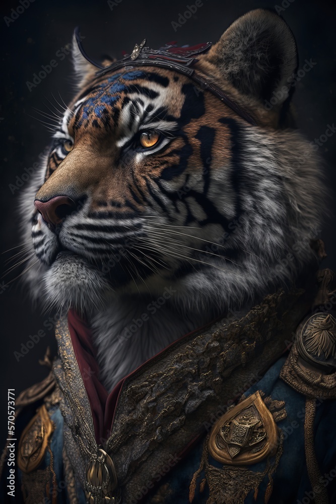 Portrait of a tiger dressed in military clothes, an heroic general. Generative AI - obrazy, fototapety, plakaty 