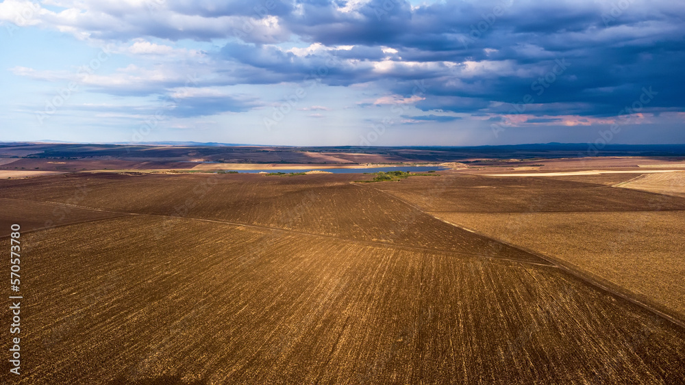 Beautiful aerial panoramic view of autumn countryside landscape. Agricultural fields near Karnobat, Bulgaria