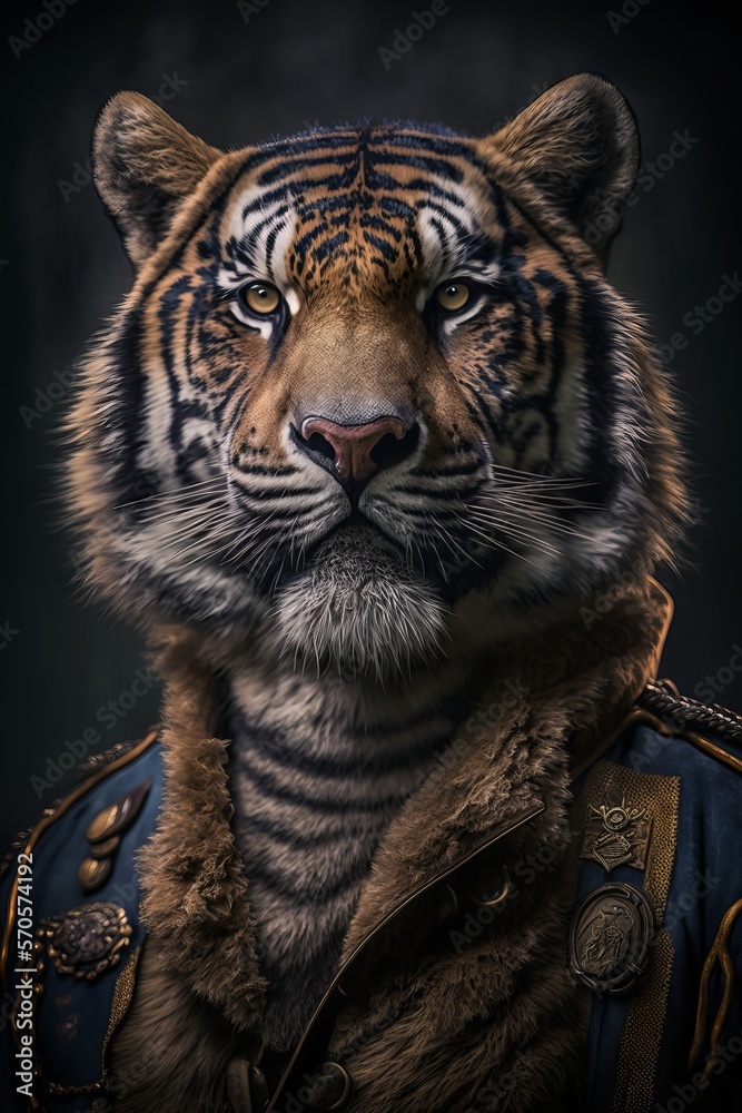 Portrait of a tiger dressed in military clothes, an heroic general. Generative AI - obrazy, fototapety, plakaty 