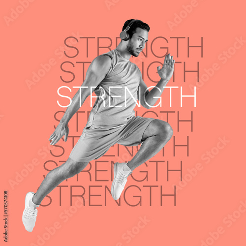 Fitness graphic  running and man isolated on studio background in headphones music for cardio training. Jump  speed and body of sports person  asian athlete and creative collage  power and strength