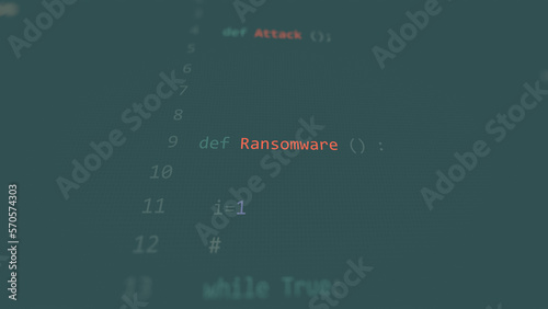 Cyber attack Ransomware vunerability in text ascii art style, code on editor screen.