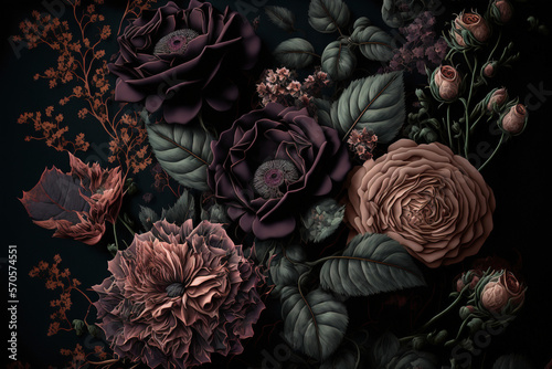 Flowers on a black background. Abstract floral design for prints  postcards or wallpaper. AI 