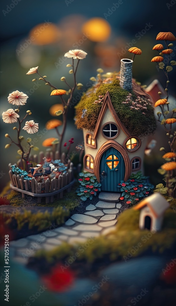 Fototapeta premium nostalgic and whimsical fairy garden with tiny houses. Ai generative
