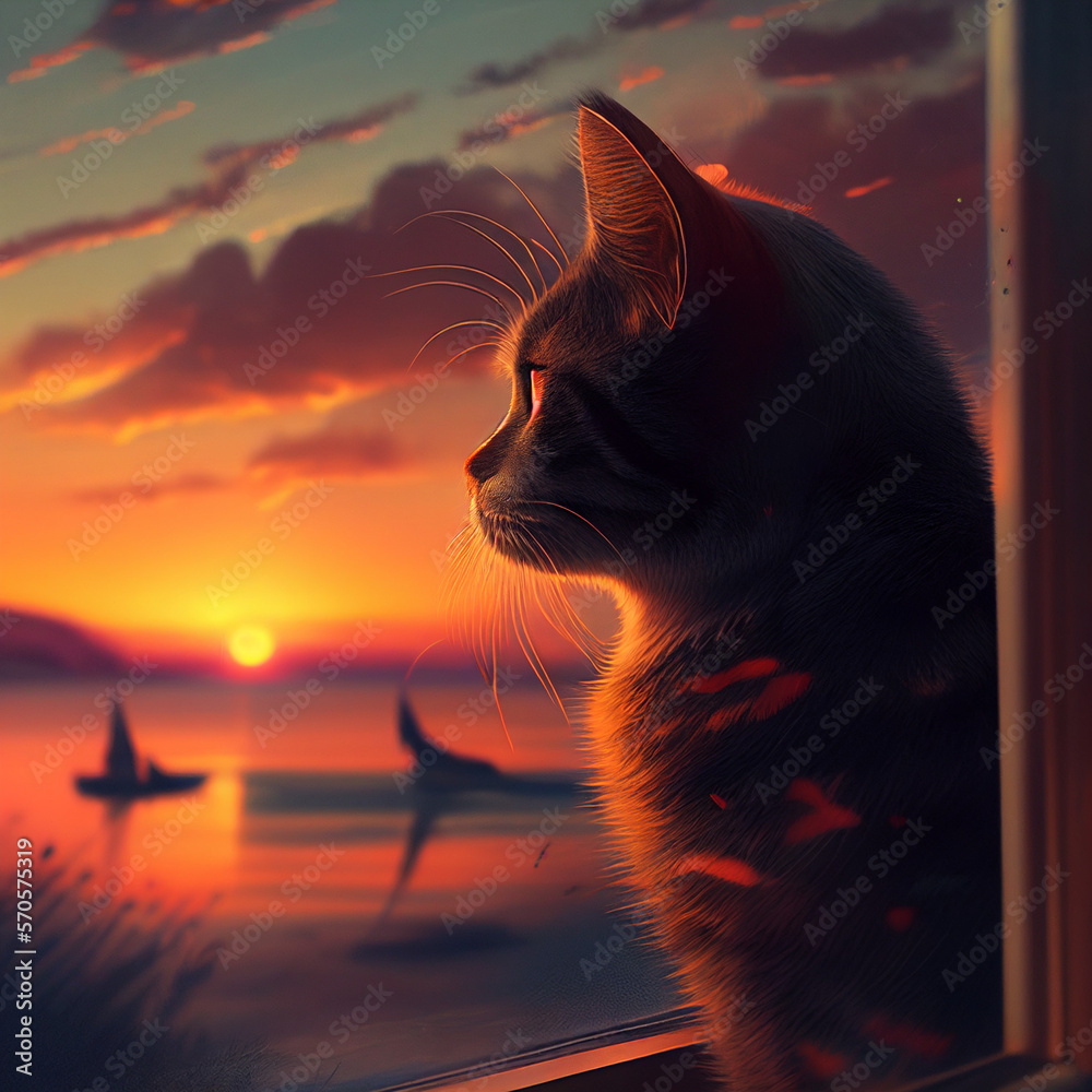 Obraz premium Cat at Sunset - AI Generated 
