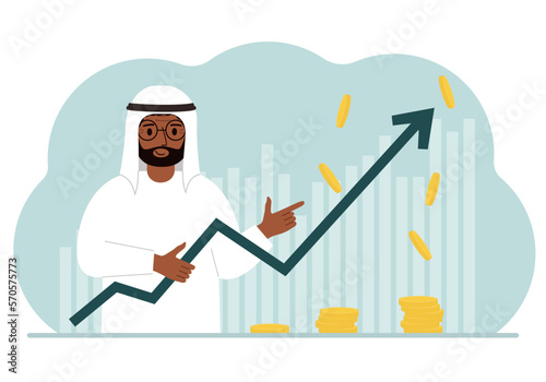 The man is holding an arrow pointing up. The concept of growth in business, company promotion or business income growth.