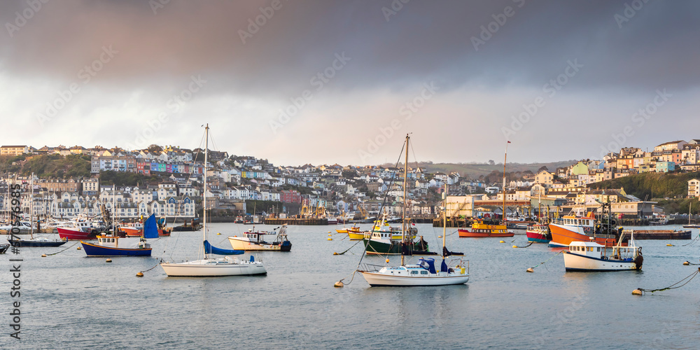 Panoramic view of the picturesque Brixham harbour on the south coast of Devon.