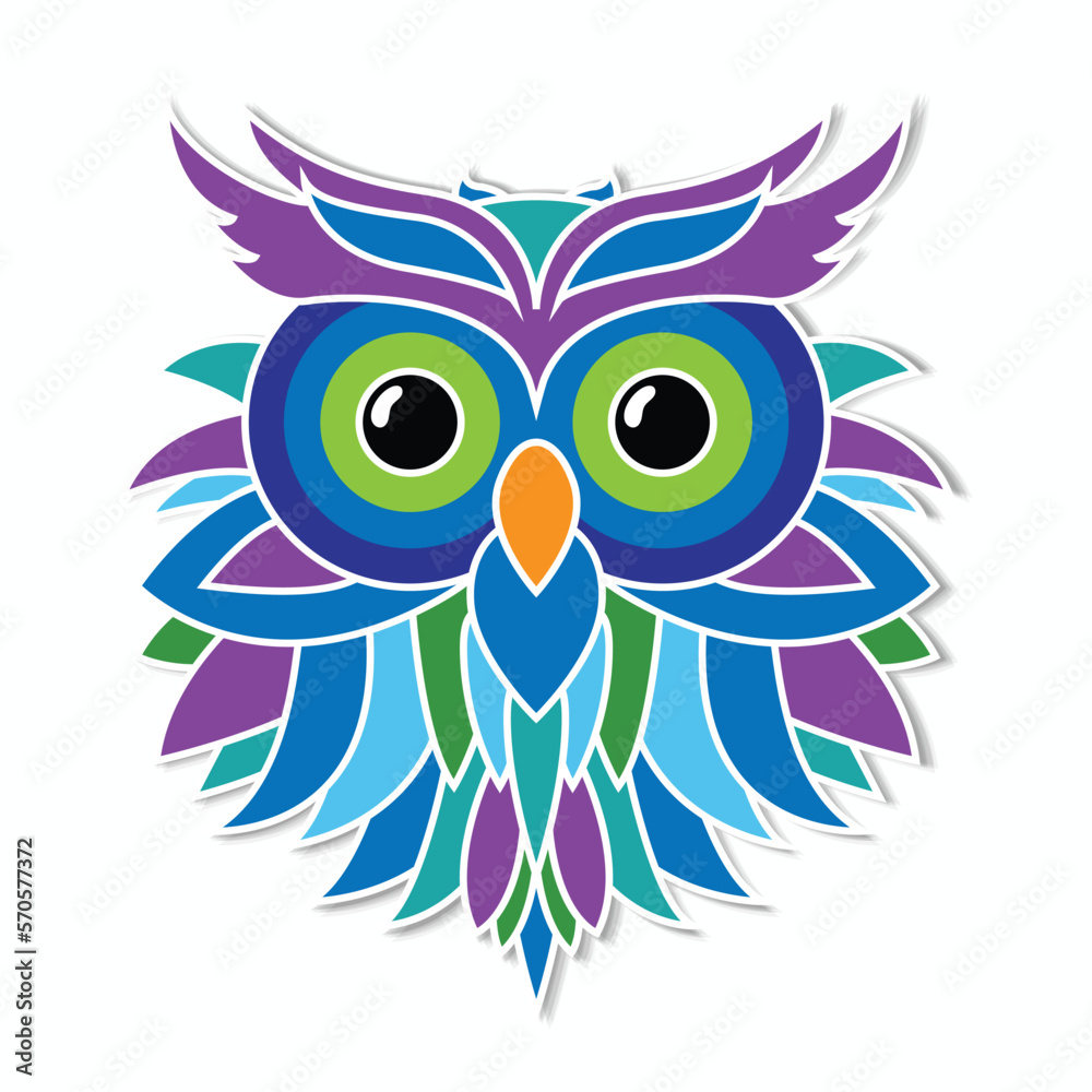 Cute owl sticker with white stoke. Colorful owl icon on paper on white background with shadow. Vector trendy illustration. Character design flat style sticker with color drawings.