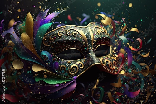 Carnival mardi gras mask, abstract background with brazilian carnival party theme, confetti, streamers and glitter, generative ai